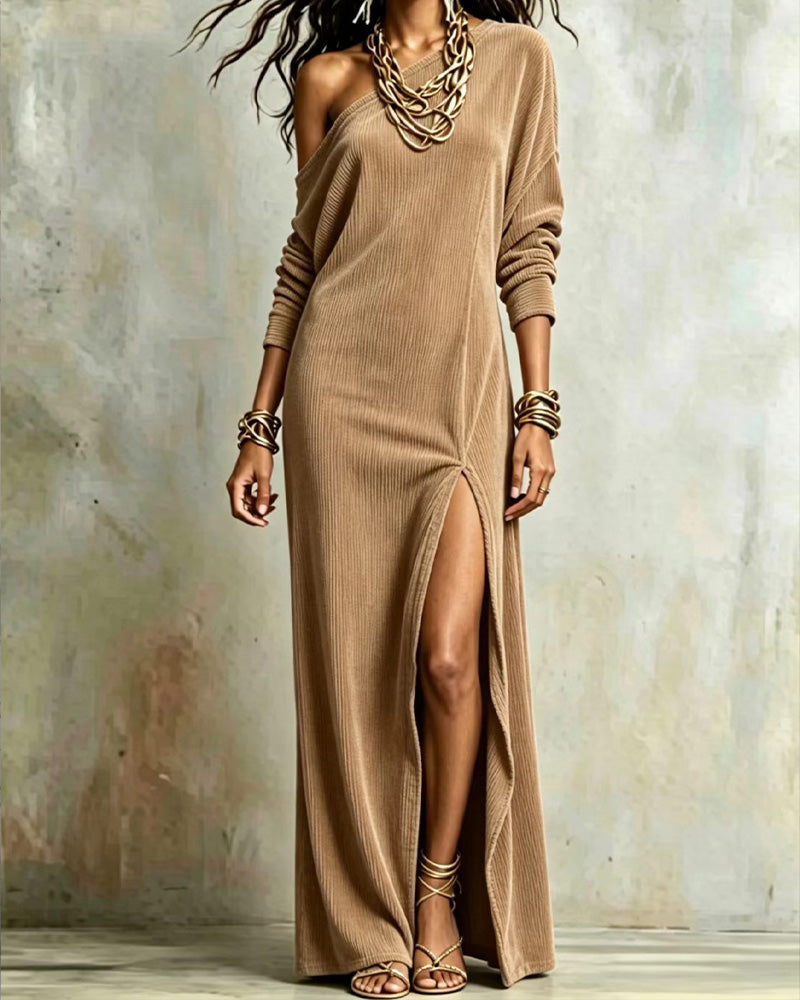 Solid Color One Shoulder Slit Dress