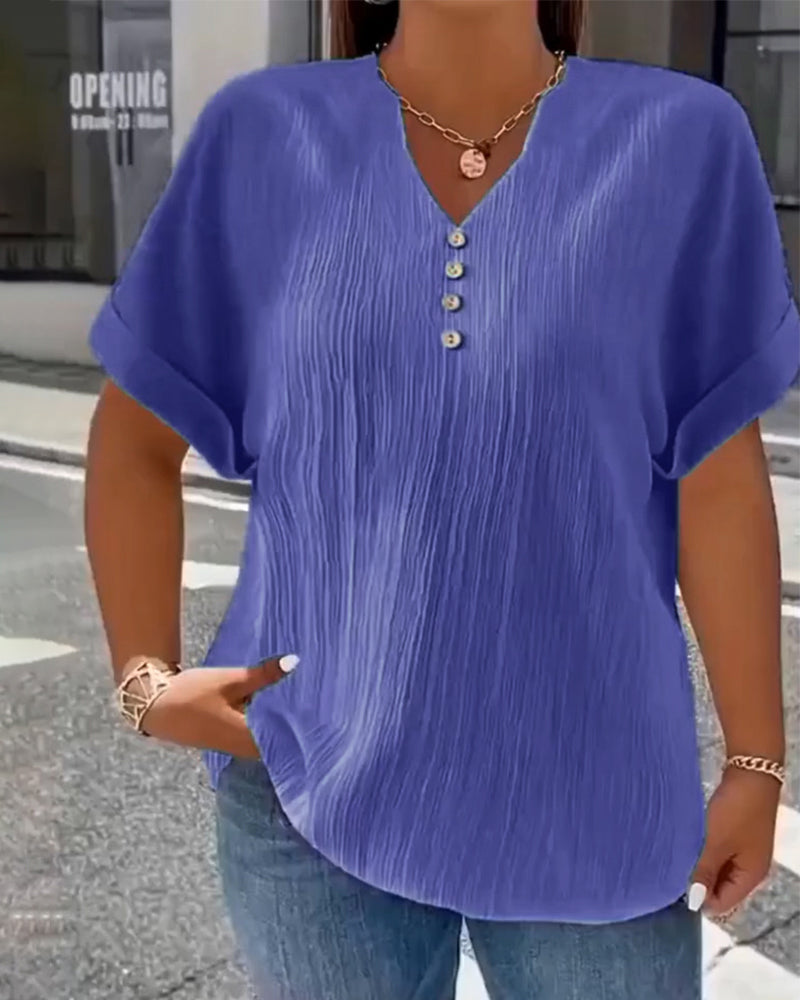 100% Cotton V-Neck Loose Textured T-Shirt