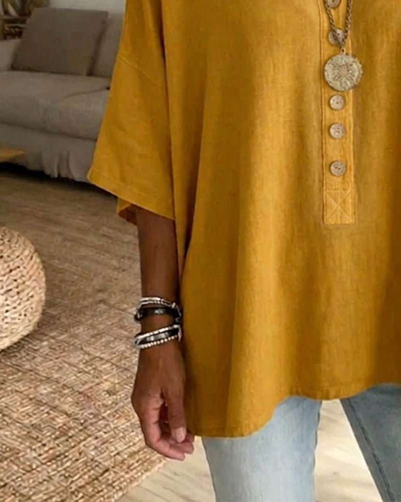 Solid-Color V-Neck Batwing Blouse