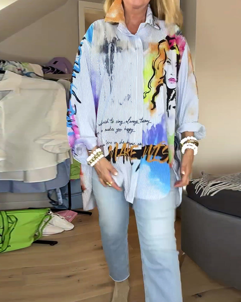 Portrait print fashion long sleeve shirt