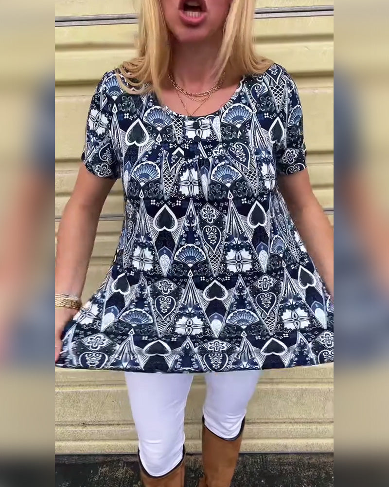 Casual Retro Crew Neck Printed T-Shirt