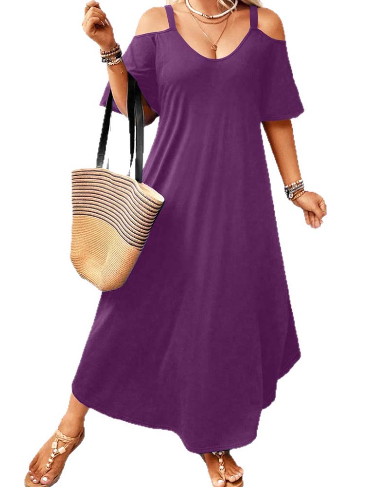 Solid V-Neck Off-Shoulder Long Dress