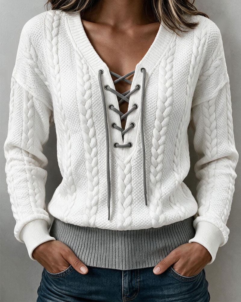 V-Neck Lace-Up Cable Knit Long Sleeve Blouse
