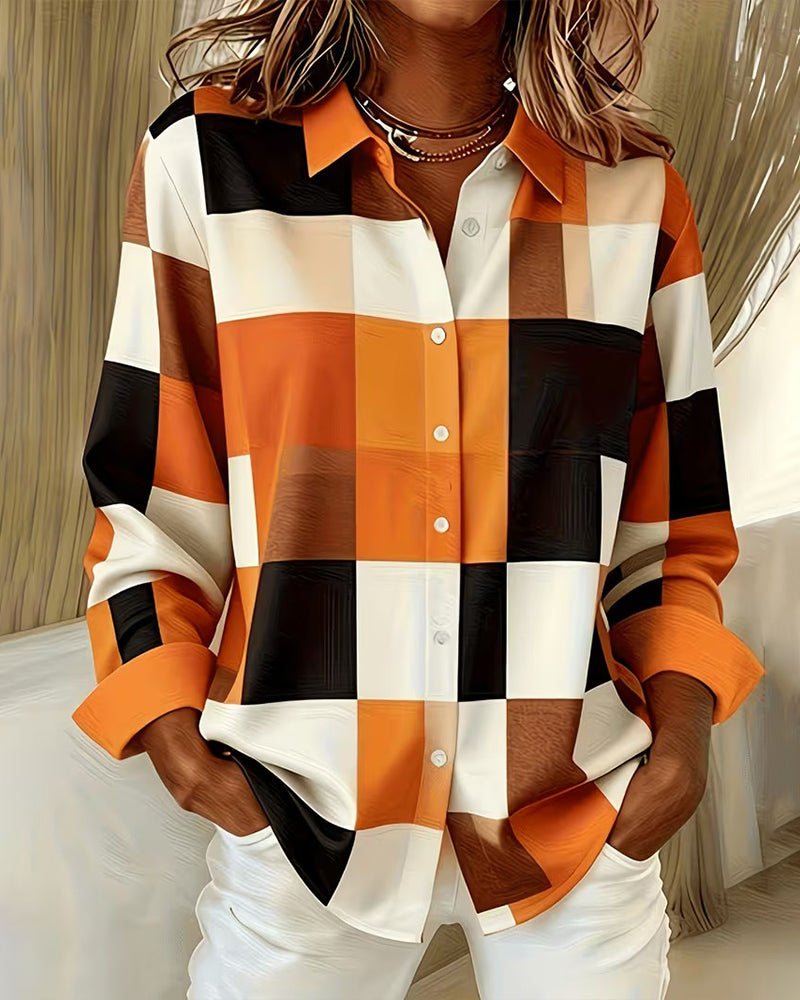 Block Plaid Lapel Shirt