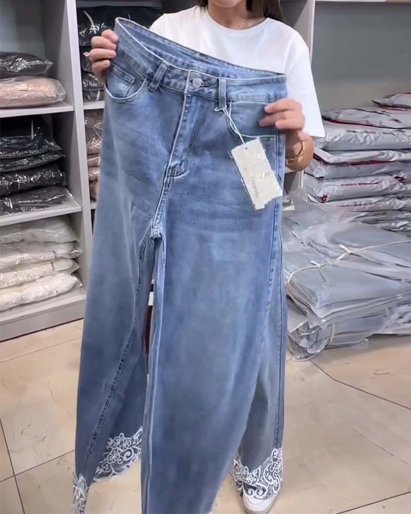 Casual Solid-Color Wide-Leg Denim Pants