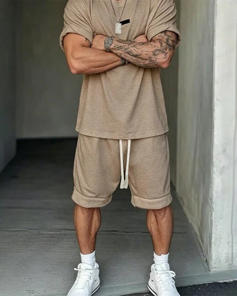 Casual Short Sleeve Drawstring Shorts Two-Piece Set