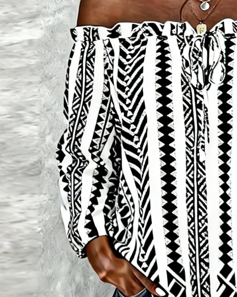Off-Shoulder Tie-Up Print Blouse