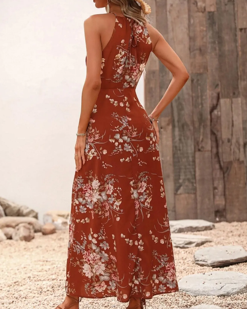 Halterneck Slit Waisted Floral Dress