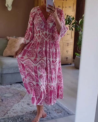 Elegant printed V-neck pleated bell-sleeve dress