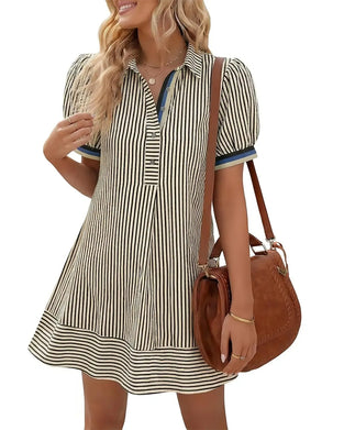 Stripe Puff Sleeve Polo Collar Dresses