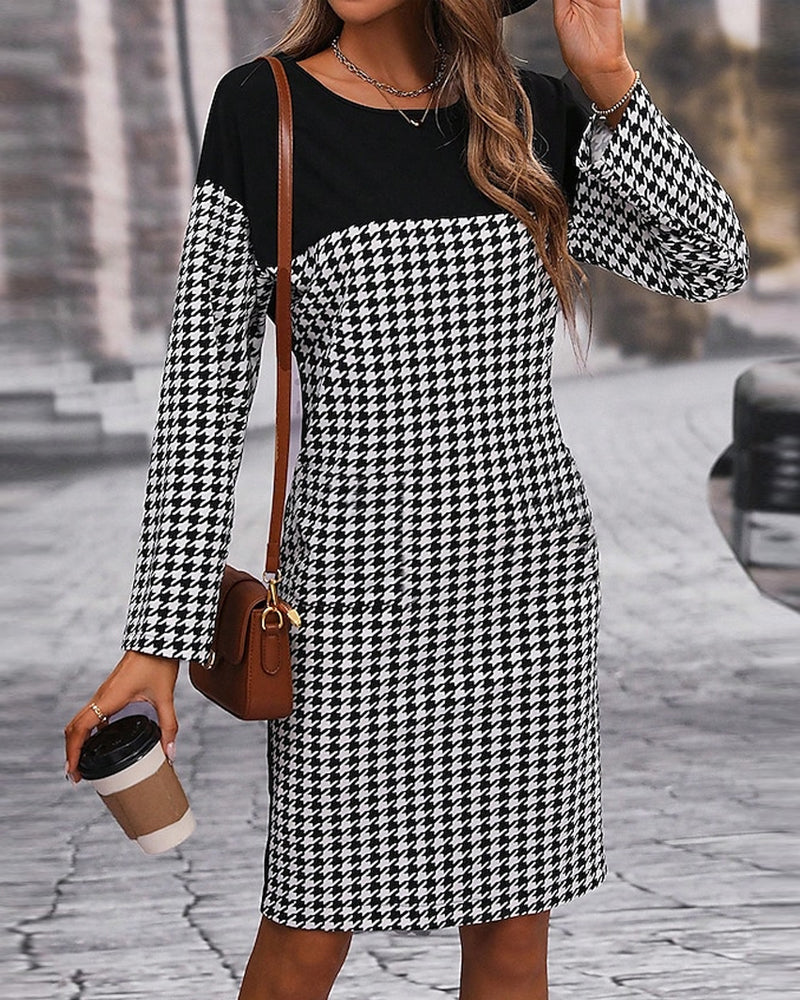 Elegant patchwork houndstooth dress
