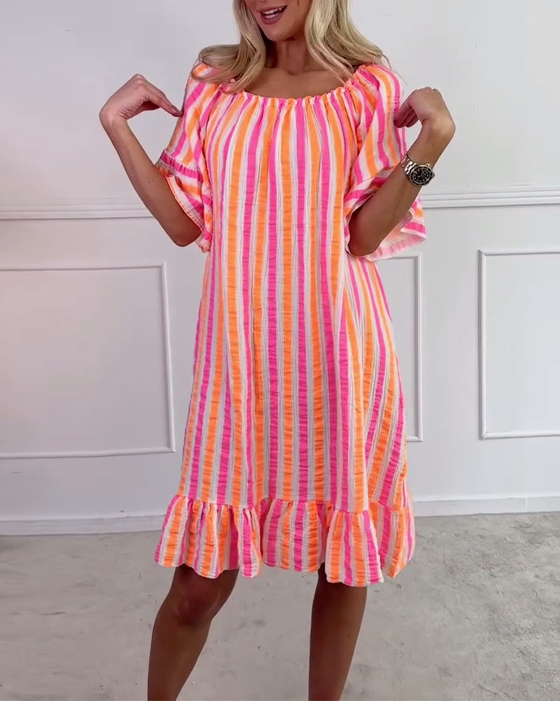 Round Neck Striped Pleated Shift Dress