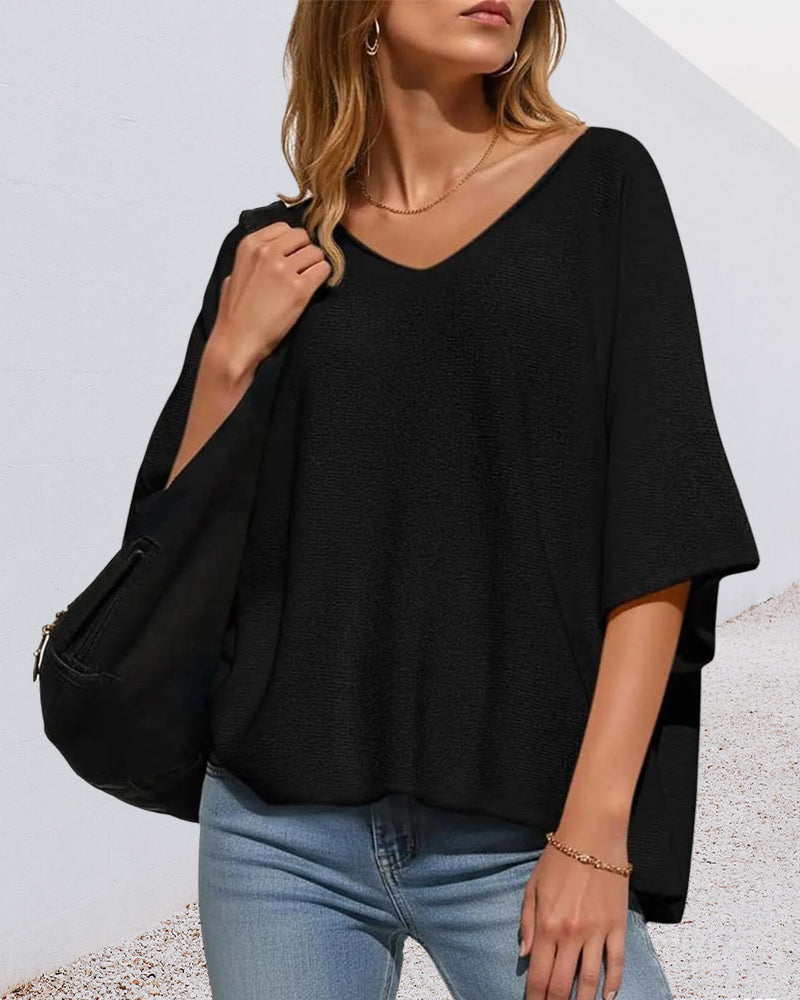 V-Neck Batwing Sleeve Solid T-Shirt