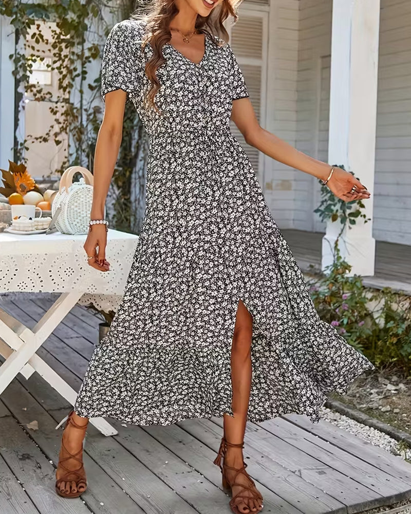 V-Neck Floral Slit Long Dress