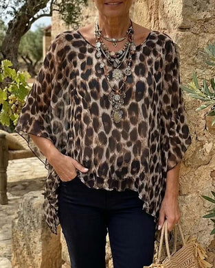 Leopard Batwing-Sleeve Loose Blouse