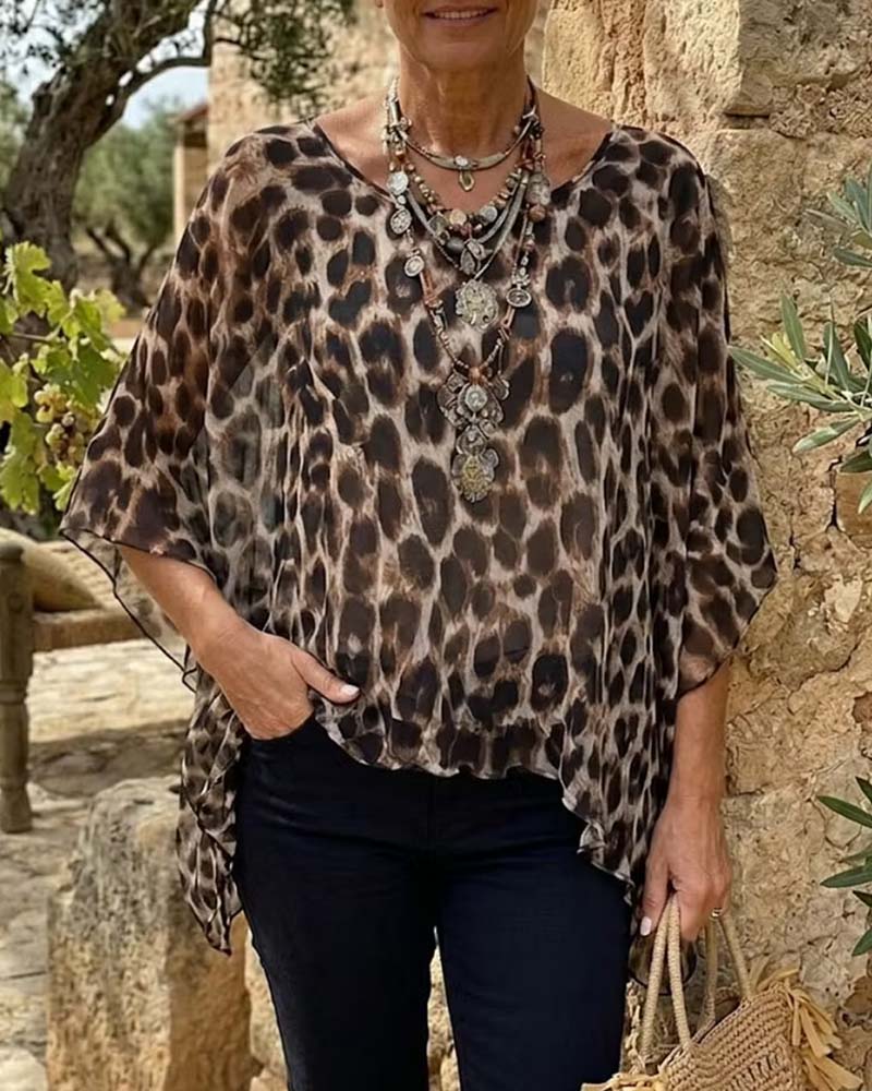 Leopard Batwing-Sleeve Loose Blouse