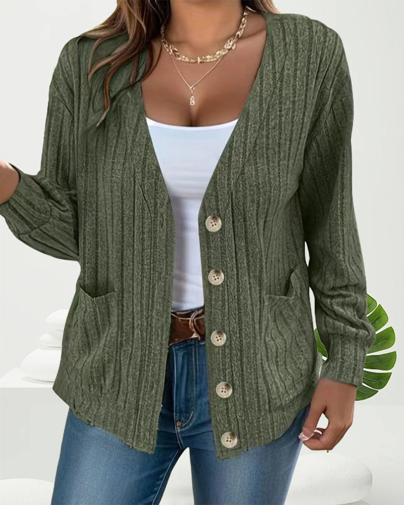 Solid color V-neck long-sleeved coat