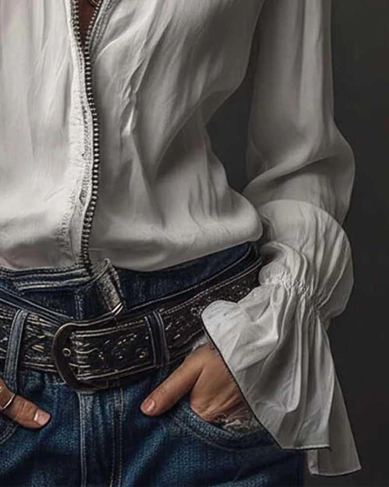 Stand-Collar Bell Sleeve Blouse