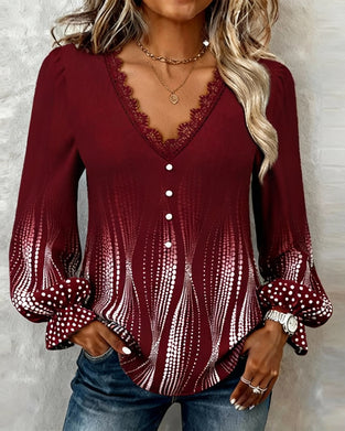Puff Sleeve V-Neck Print Blouse