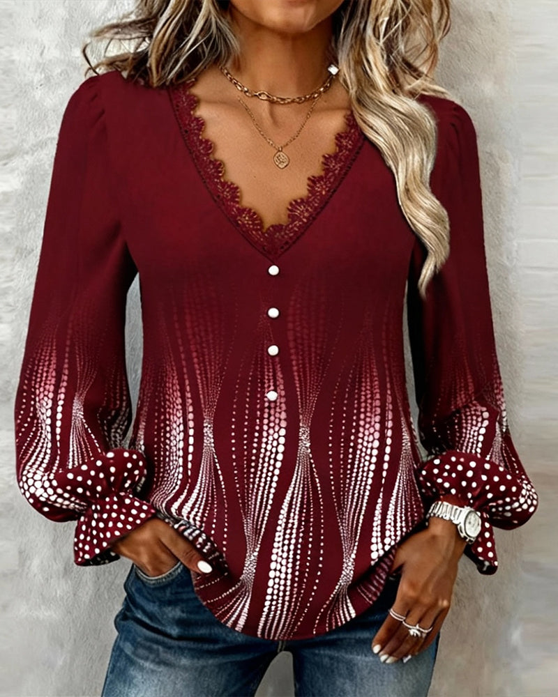 Puff Sleeve V-Neck Print Blouse