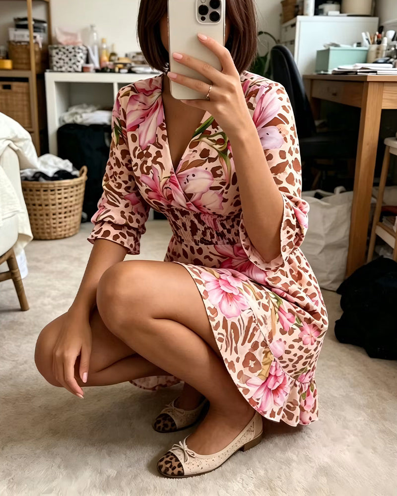 V-Neck Print Waist-Cinching Bubble Sleeve Dress