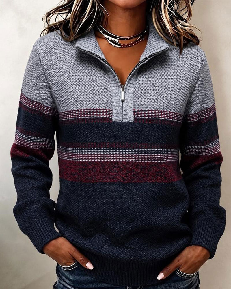 Lapel Zipper Striped Contrast Pullover