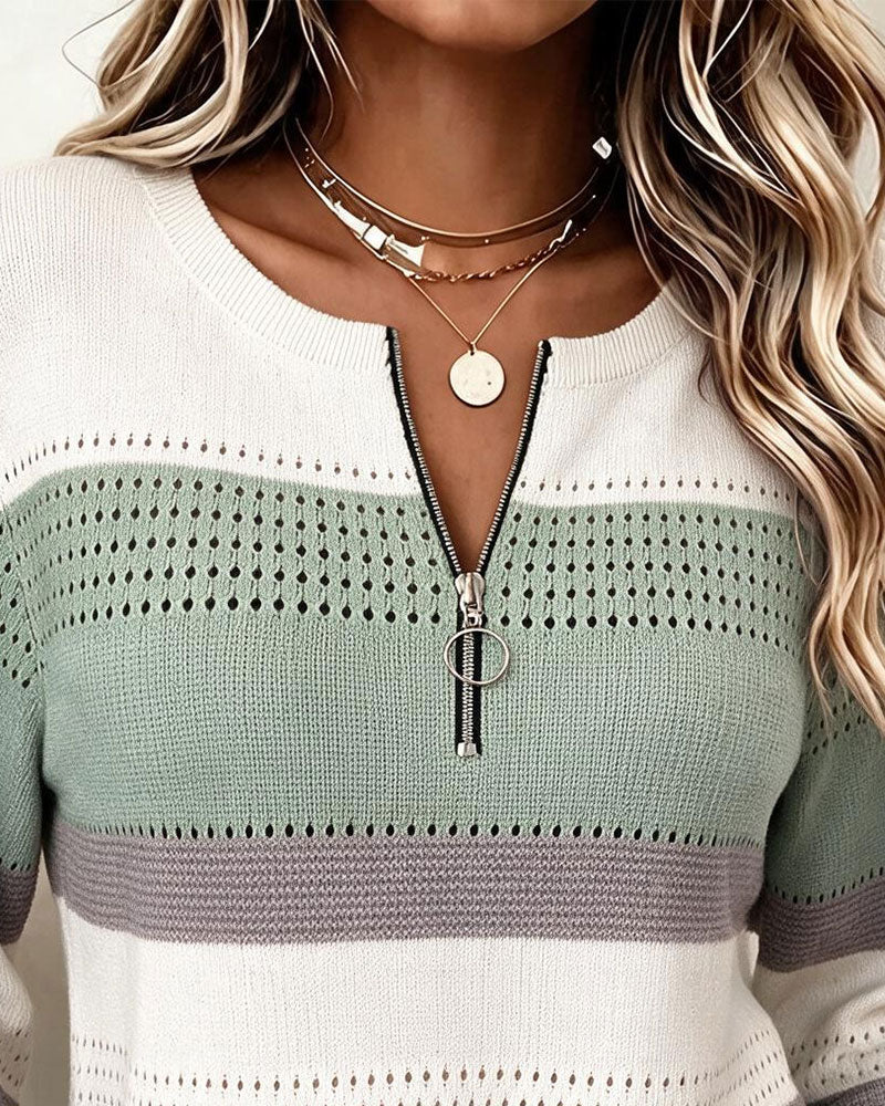 Color-Block Striped Zip Sweatshirt