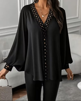 Lantern Sleeve V-Neck Loose Blouse