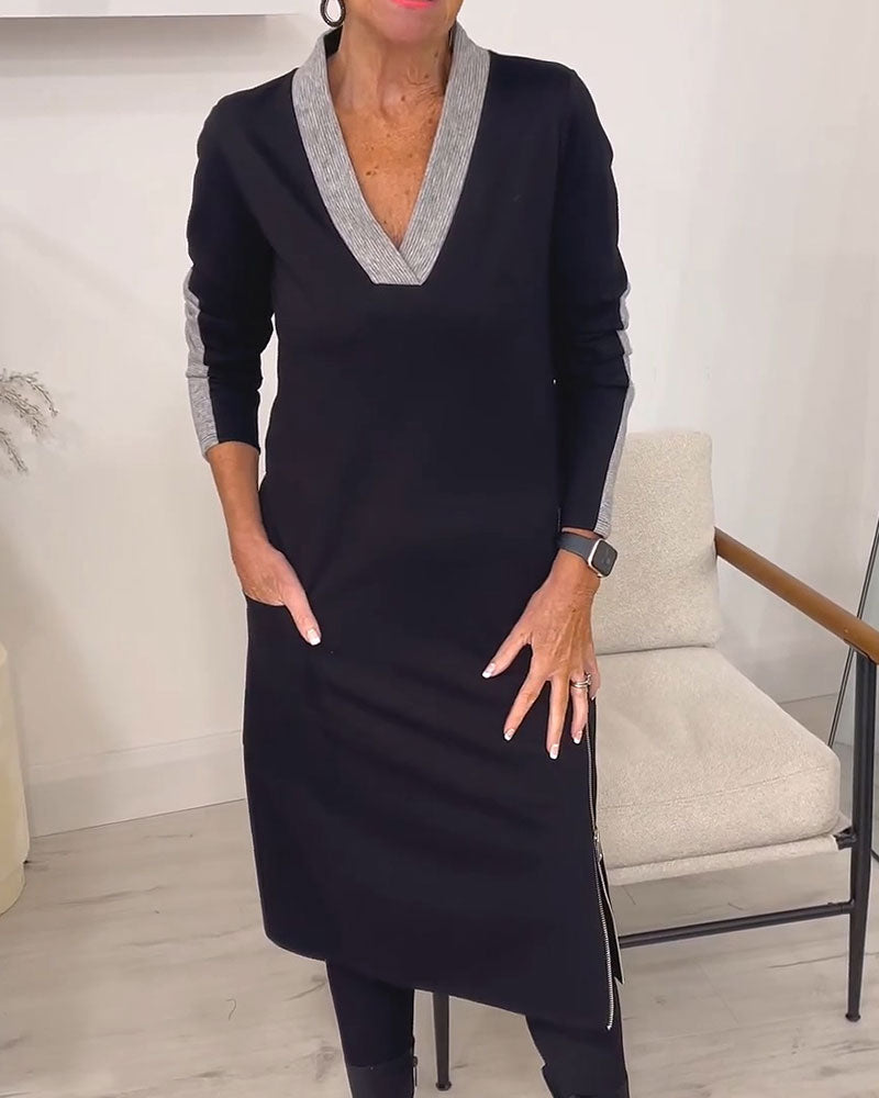 Color Block V-Neck Knit Midi Dress