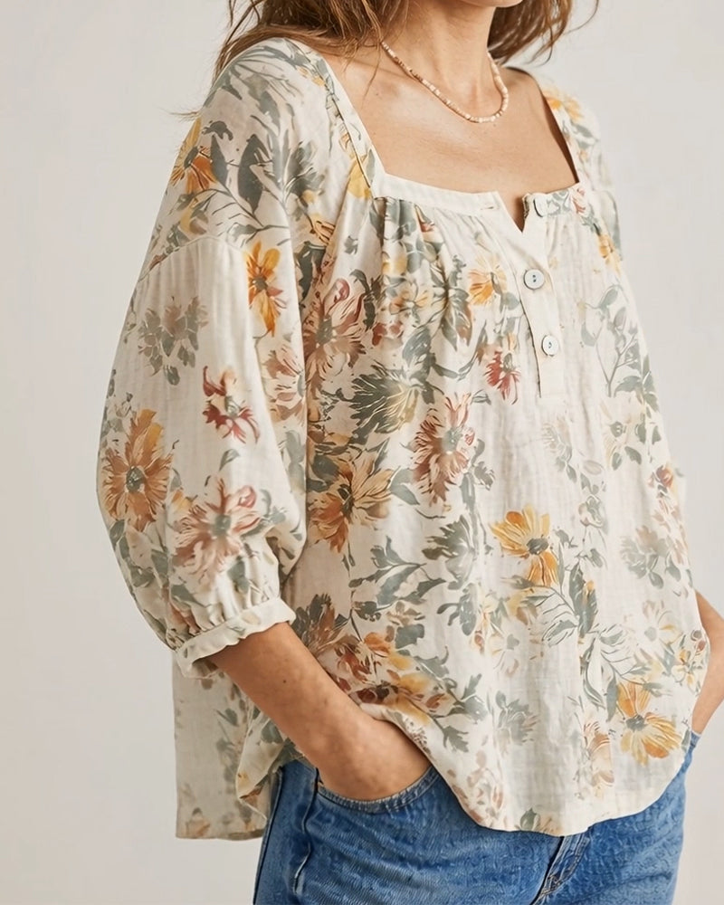 Square Neck Floral Lantern Sleeve Blouse