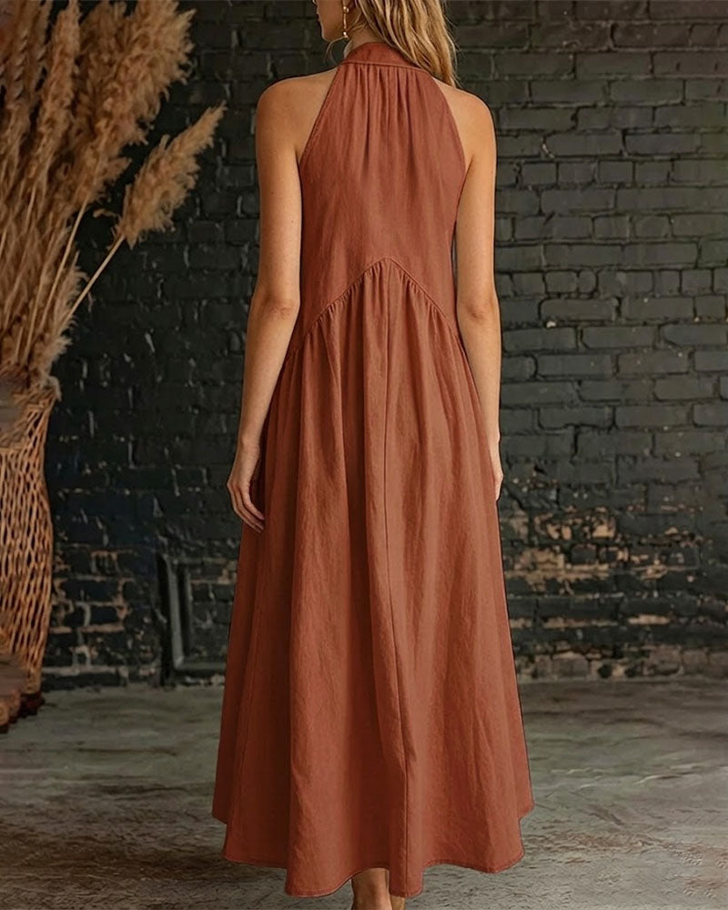 100% Cotton Sleeveless Stand-Collar Solid-Color Maxi Dress