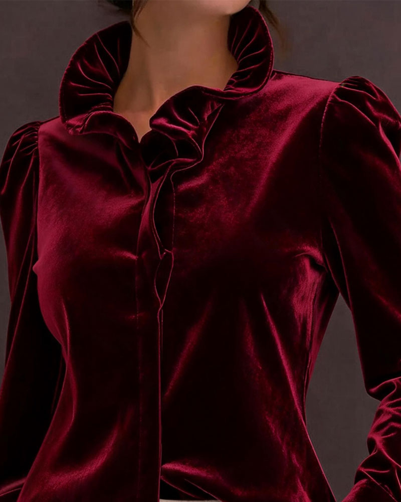 Velvet Ruffled Puff Sleeve Blouse