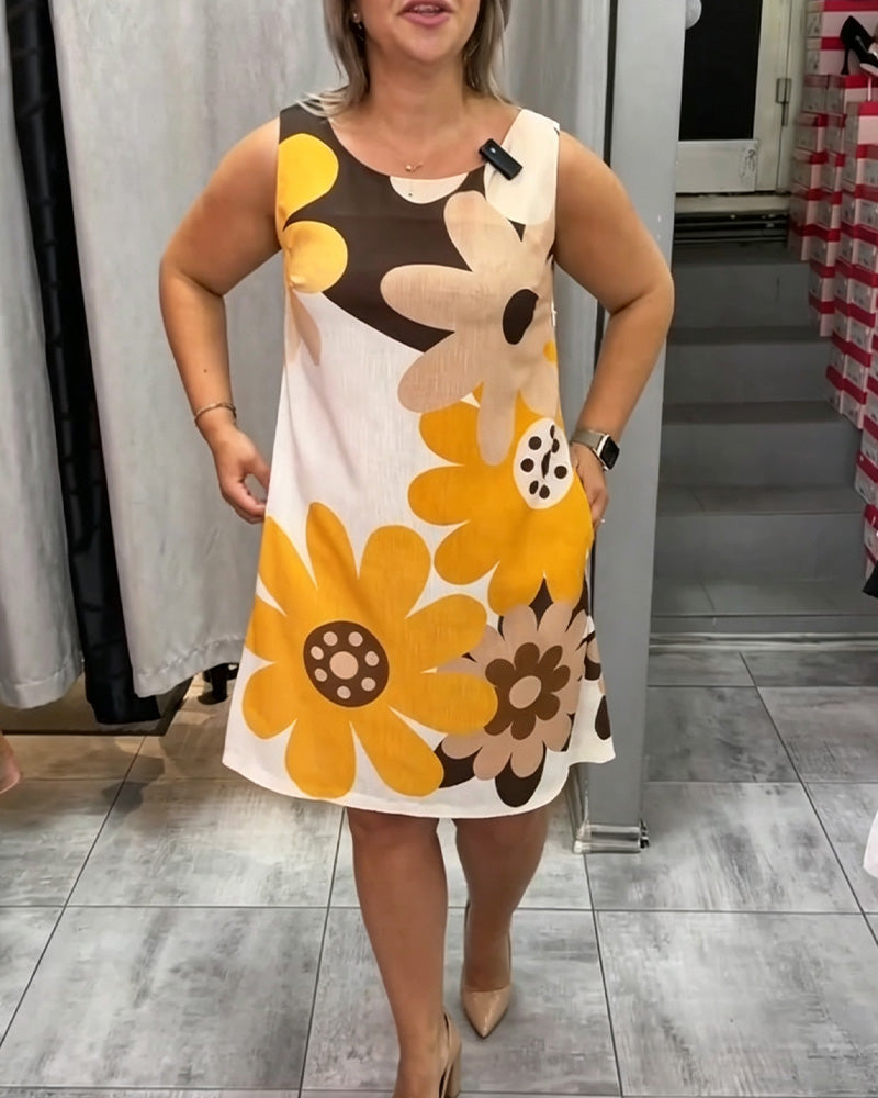 Crew Neck Printed Sleeveless Dress