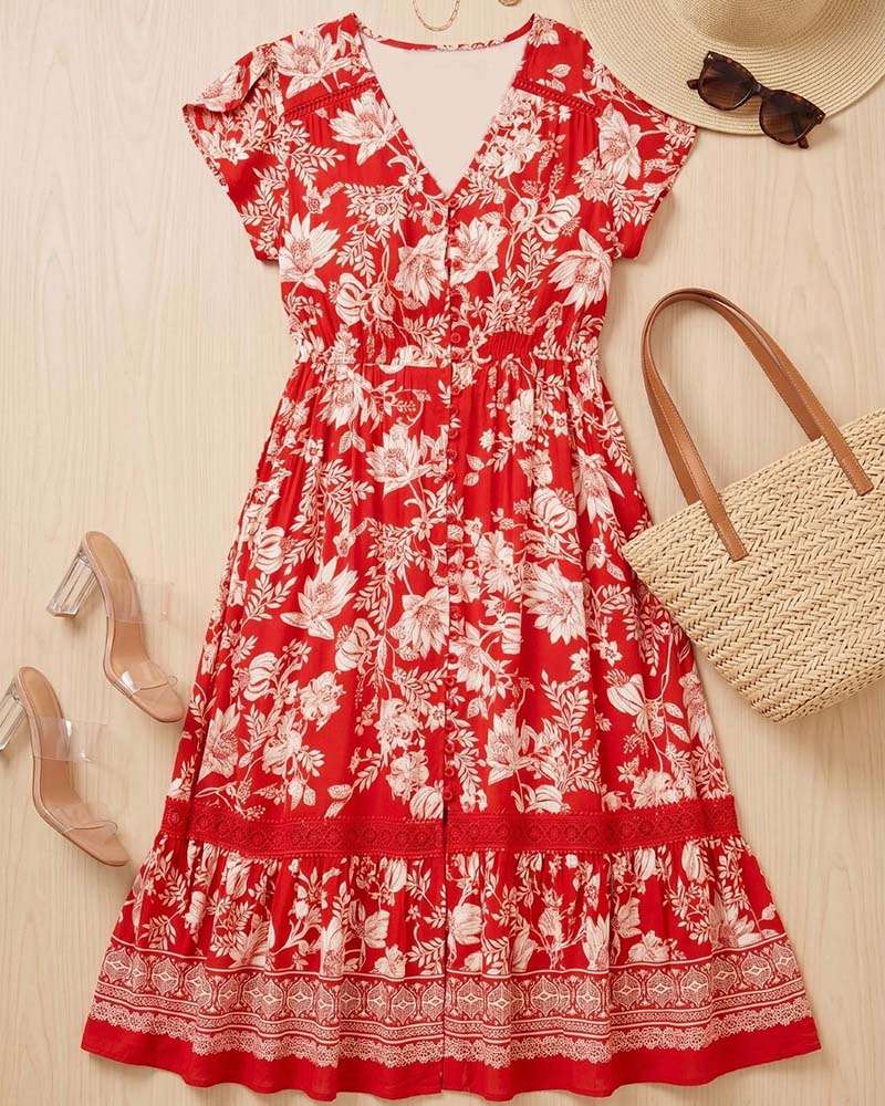 V-Neck Floral Patchwork A-Line Dress