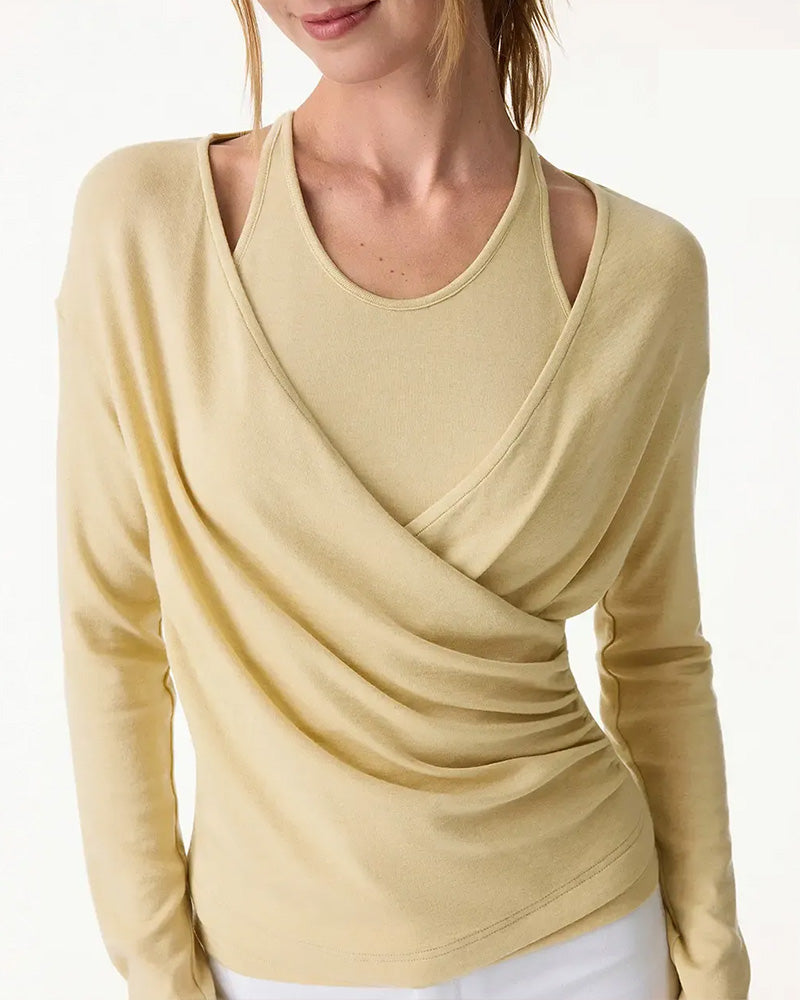 Halter Neck Cami Top Built In Bra Cross Long Sleeve Top Set