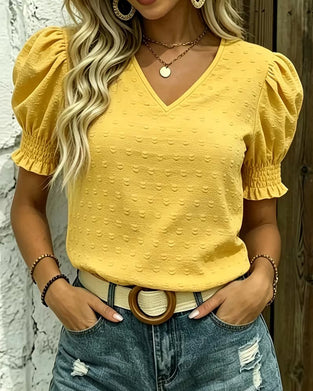 Bubble Sleeve V-Neck Jacquard Blouse