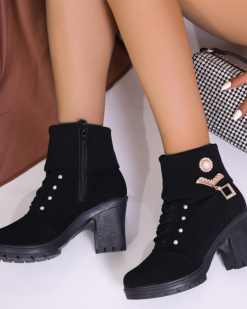 Women's Chunky Heeled Ankle Boots with Rhinestone Decor