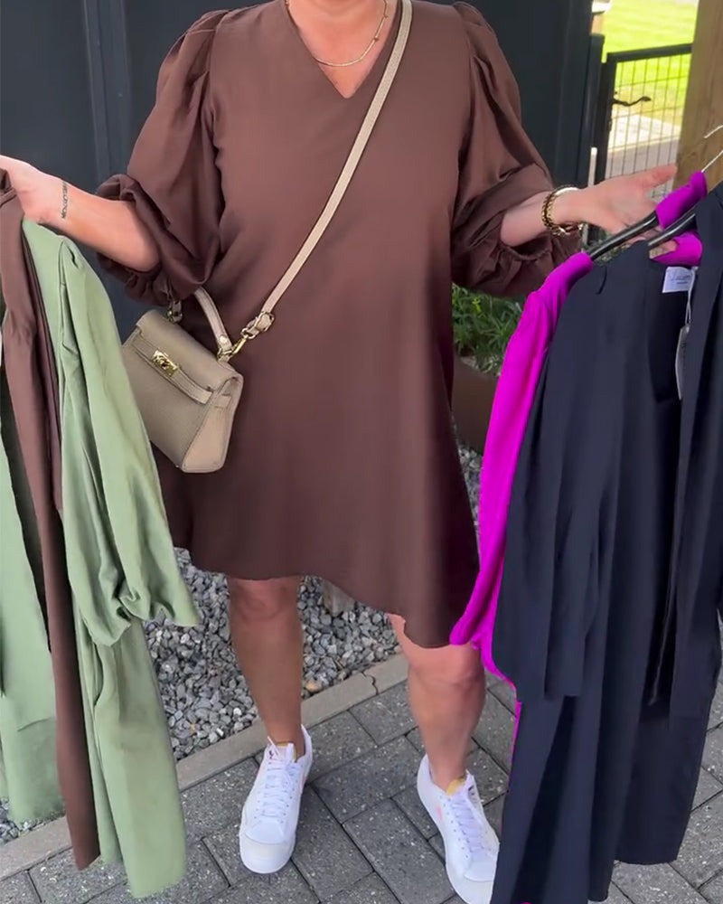 V-Neck Puff Sleeve Shift Dress