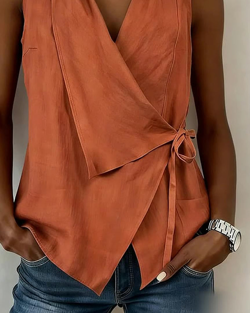 Crisscross Tie Cotton Linen Solid Tank Top