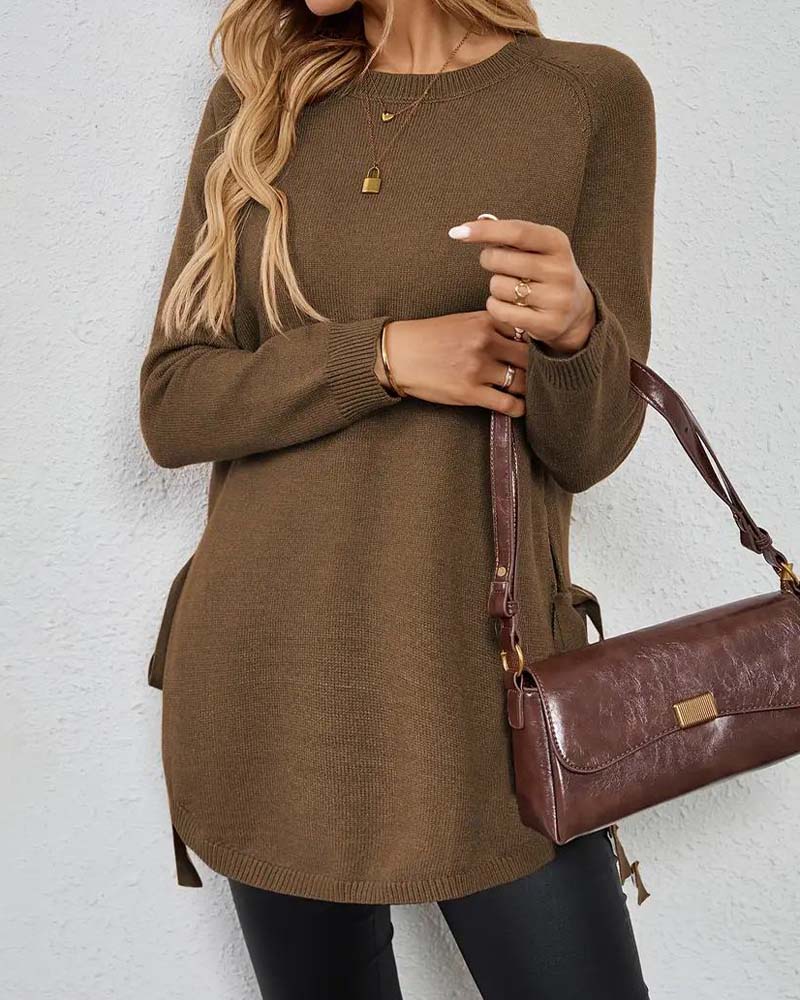 Round Neck Slit Solid Color Pullover