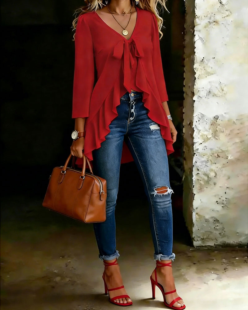 V-Neck Tie-Front Ruffled Blouse