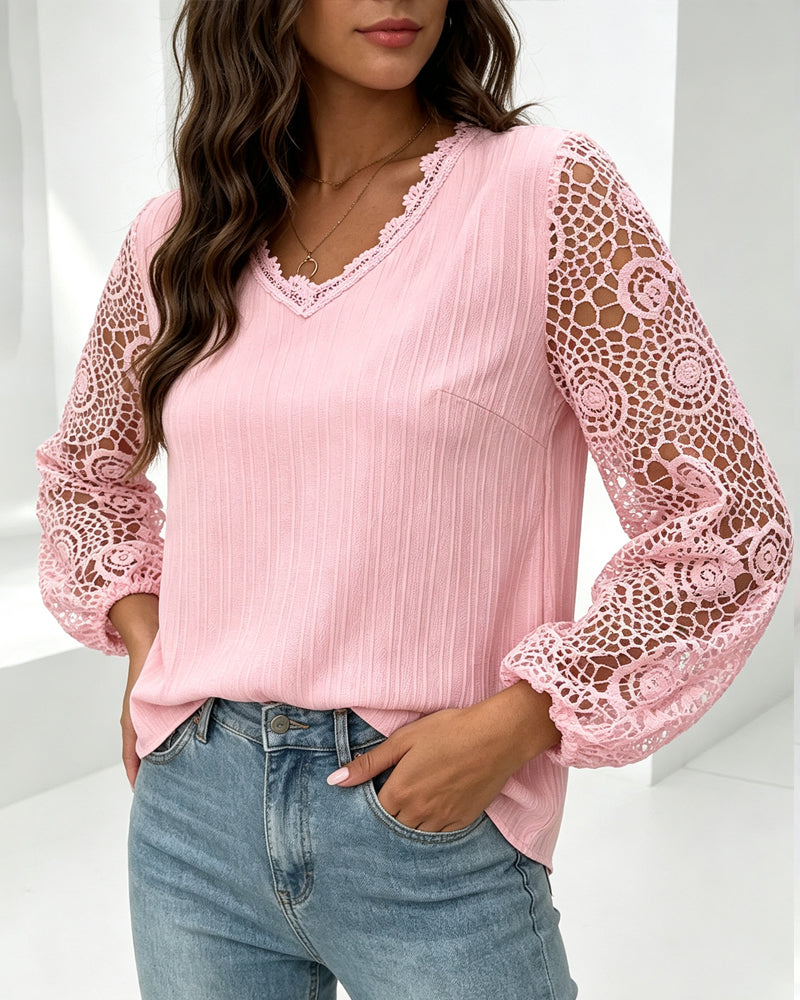 V-Neck Lantern Sleeve Casual Blouse