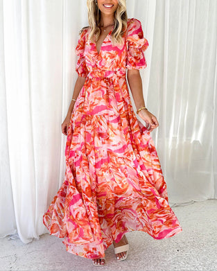 V-neck waist short sleeve dress