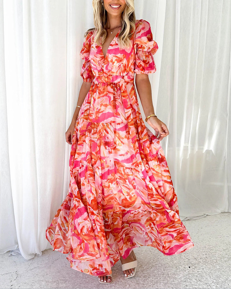 V-neck waist short sleeve dress