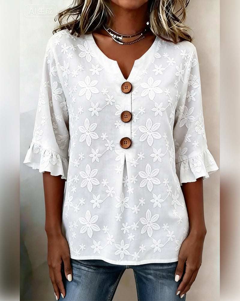 Ruffled Bell Sleeve Daisy Jacquard Blouse