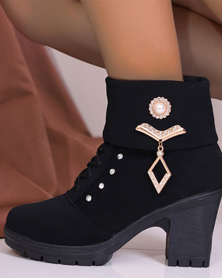 Women's Chunky Heeled Ankle Boots with Rhinestone Decor