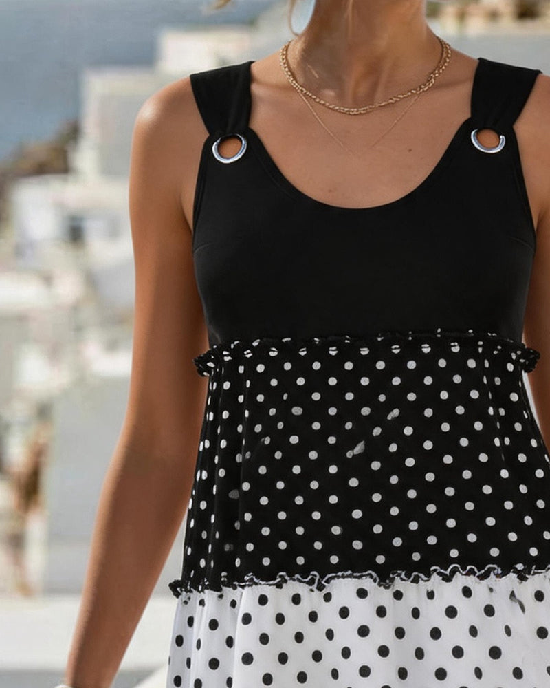 Polka Dot Stripe Tiered Spaghetti Dress