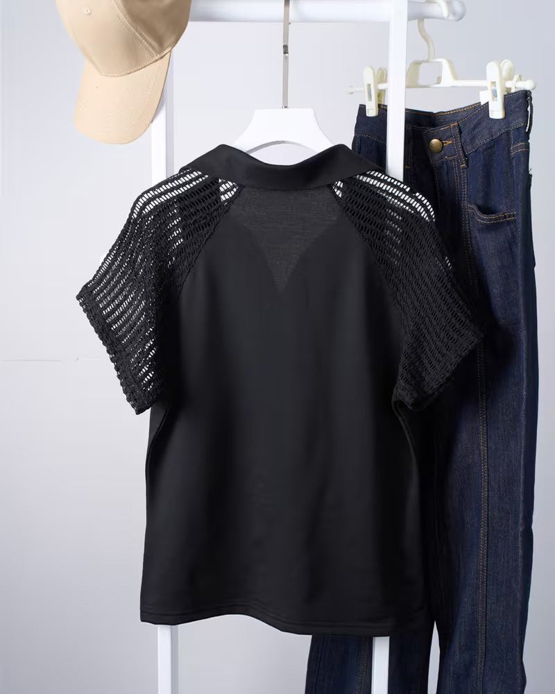 Solid Color Lapel Hollow Out Blouse