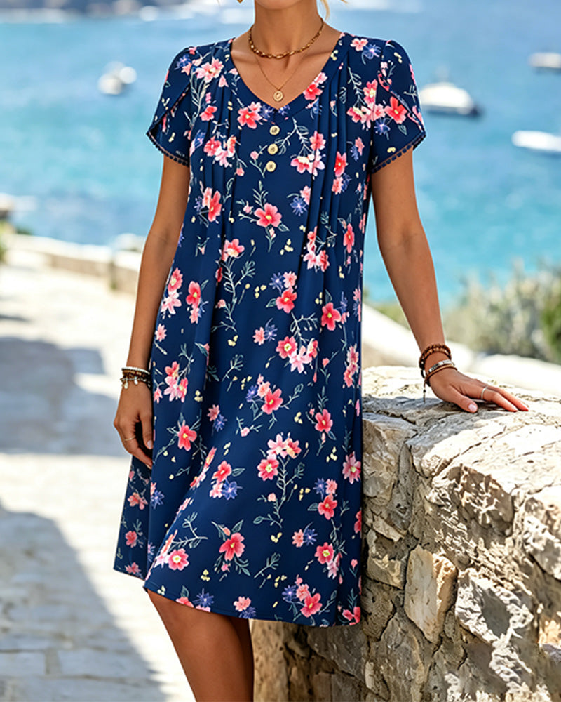 V Neck Floral Short Sleeve Dress