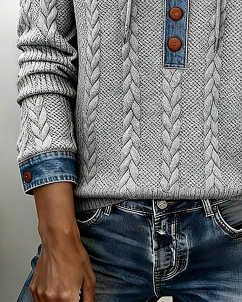 Color-Blocked Button Long-Sleeved Hooded